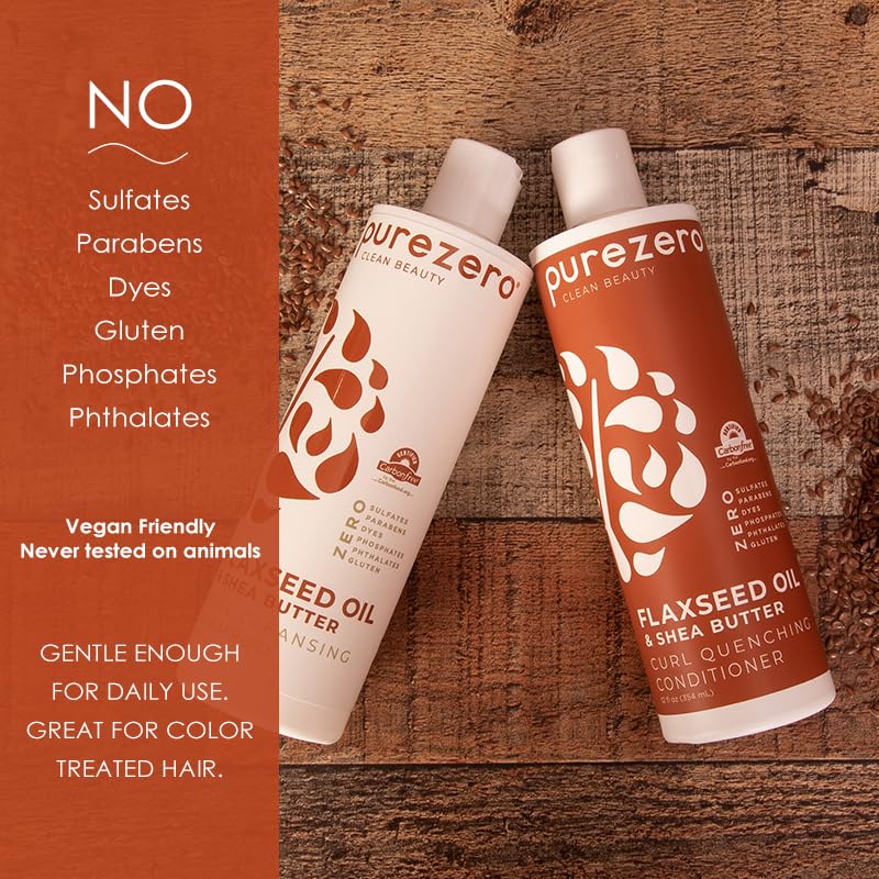 Purezero Flaxseed Oil & Shea Butter Shampoo and Conditioner Set - Curl Care - For Curly Hair Detangle & Defrizz - Zero Sulfates/Parabens/Dyes -100% Vegan & Cruelty Free - Great For Color Treated Hair
